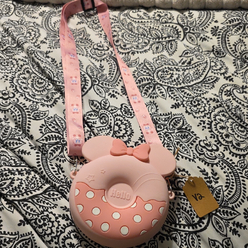 Cute Mickey Mouse Donut Pink Small Purse 4.5x3.5" Strap 20"